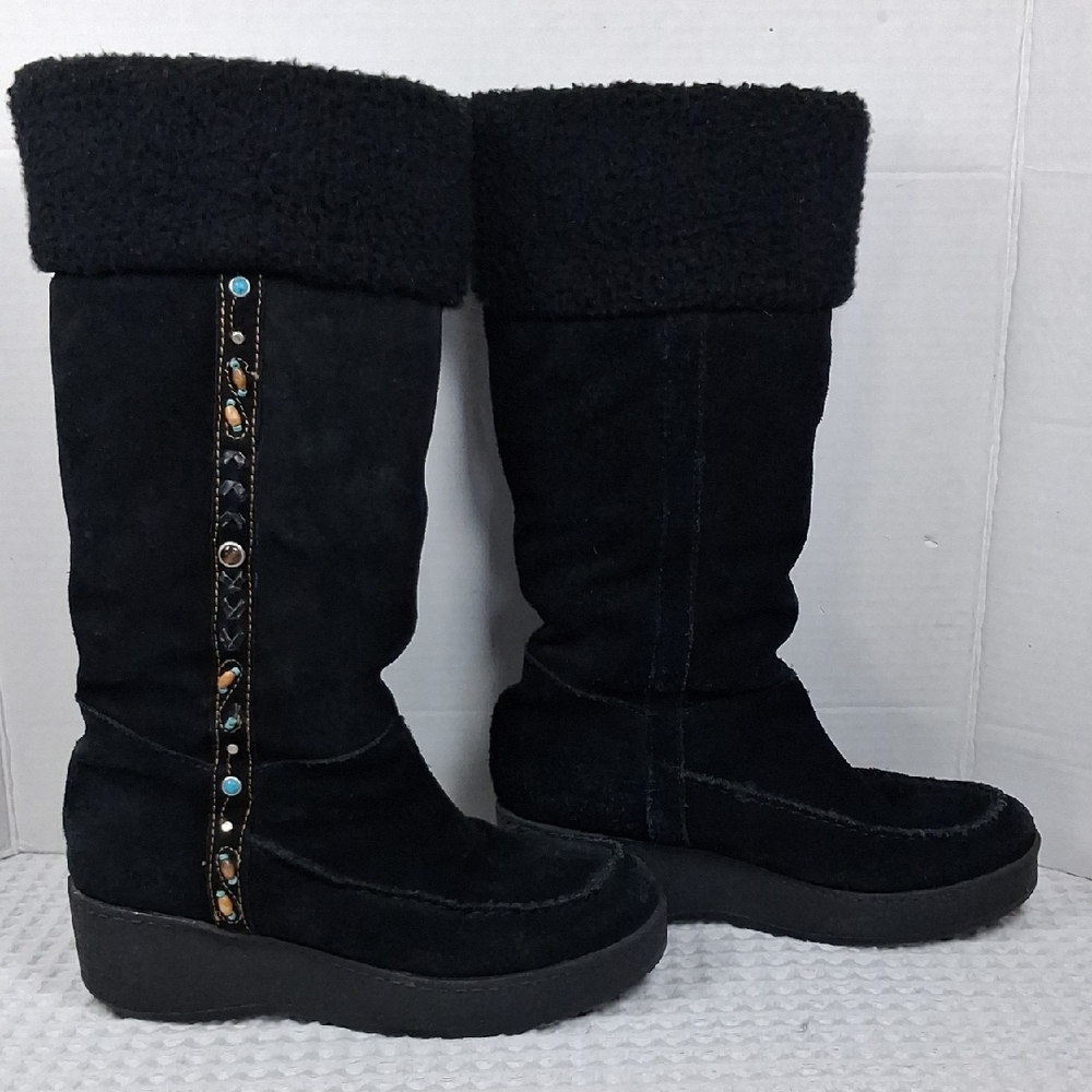 Steve Madden "Seminole" Black Suede Beaded/Stitched Platform Wedge Boots Size 7